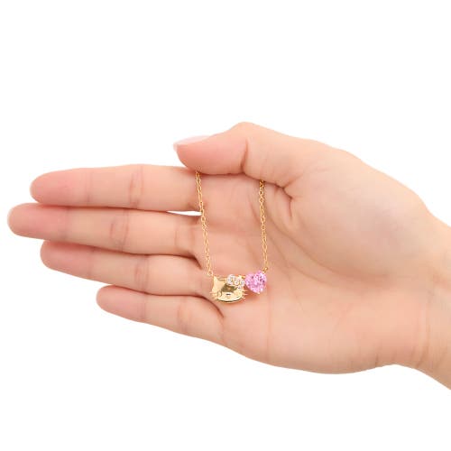 Hello Kitty Pink & White Sapphire Face With Heart Necklace, 18" In Gold