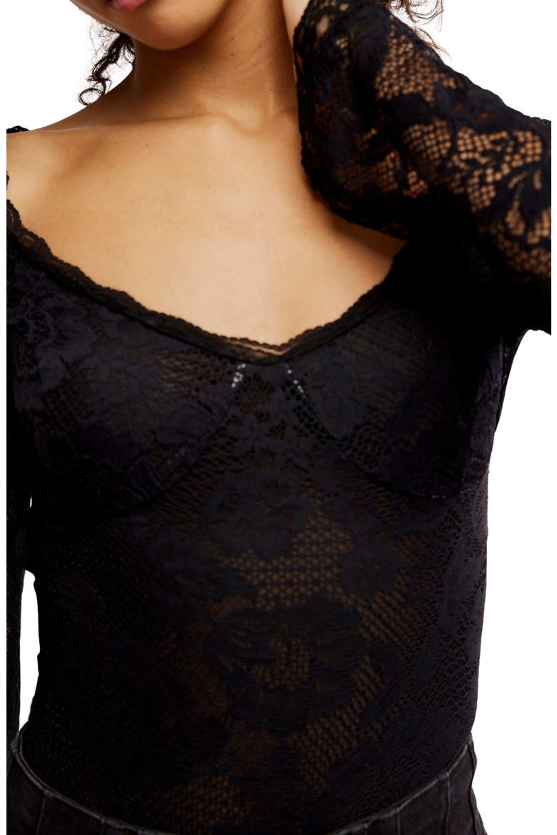 Perfectly Fine Long Sleeve Lace Bodysuit, Alternate, color, BLACK