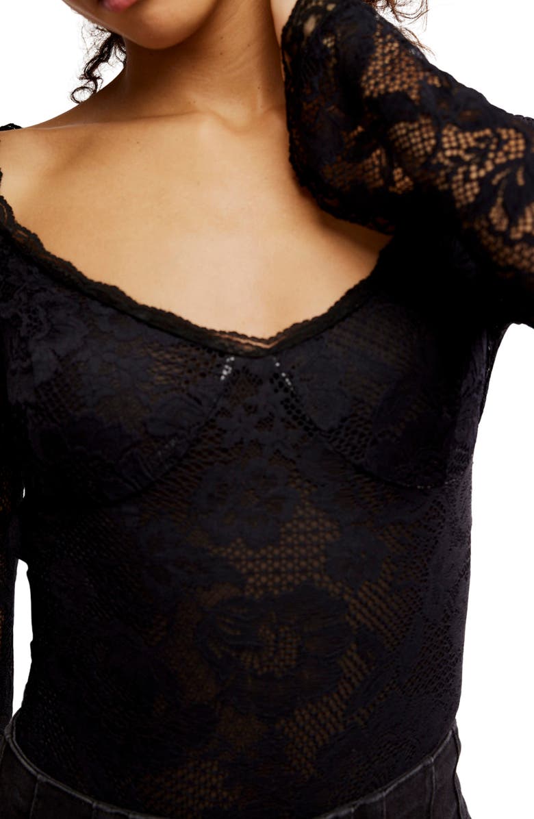 Free People Perfectly Fine Long Sleeve Lace Bodysuit, Alternate, color, Black