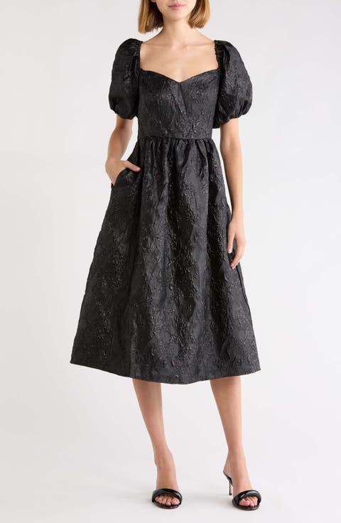 Metallic Floral Jacquard Puff Sleeve Dress