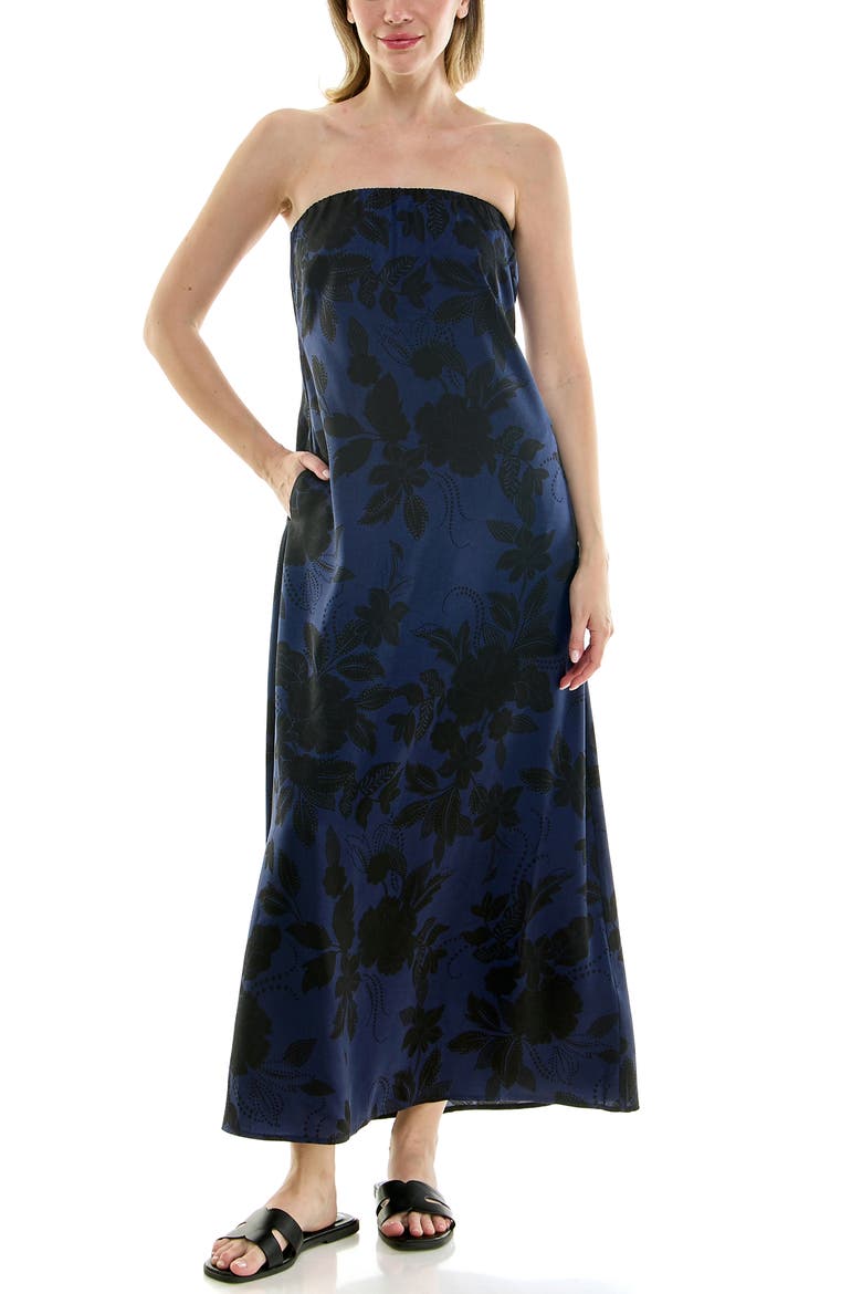 Strapless Print Satin Maxi Dress, Alternate, color, WESTERN FLORAL NAVY