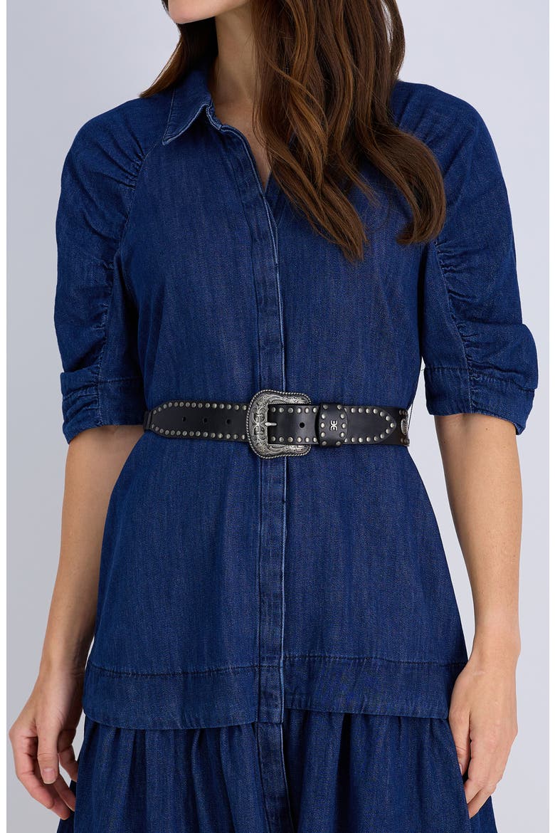 Studded Scallop Leather Belt, Alternate, color, BLACK