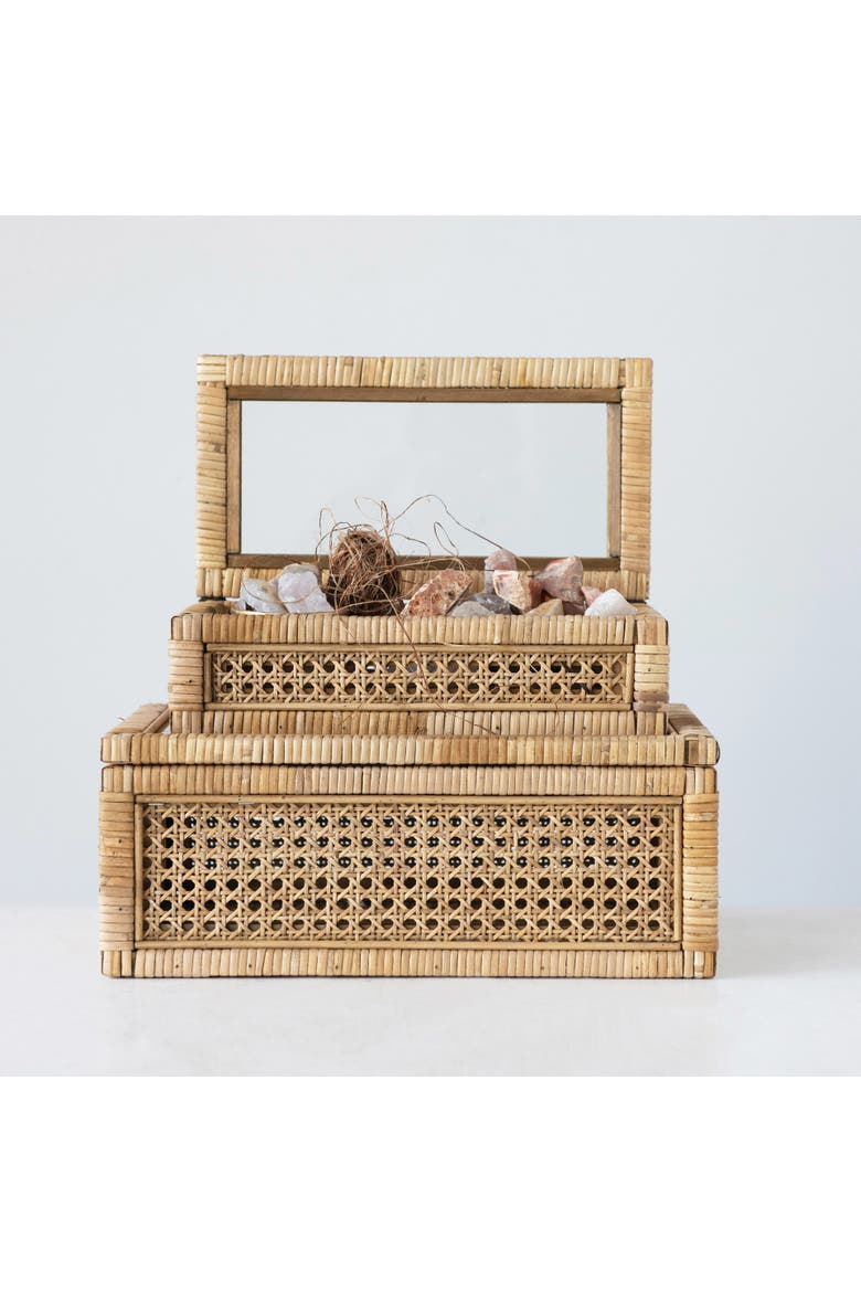 Woven Rattan and Wood Display Boxes with Glass Lids, Natural and Clear, Set of 2, Alternate, color, Natural