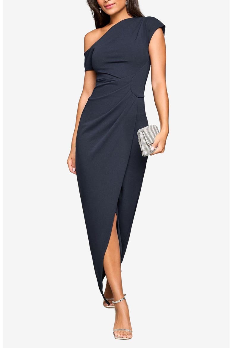 One Shoulder Satin Cocktail Maxi Dress, Main, color, NAVY