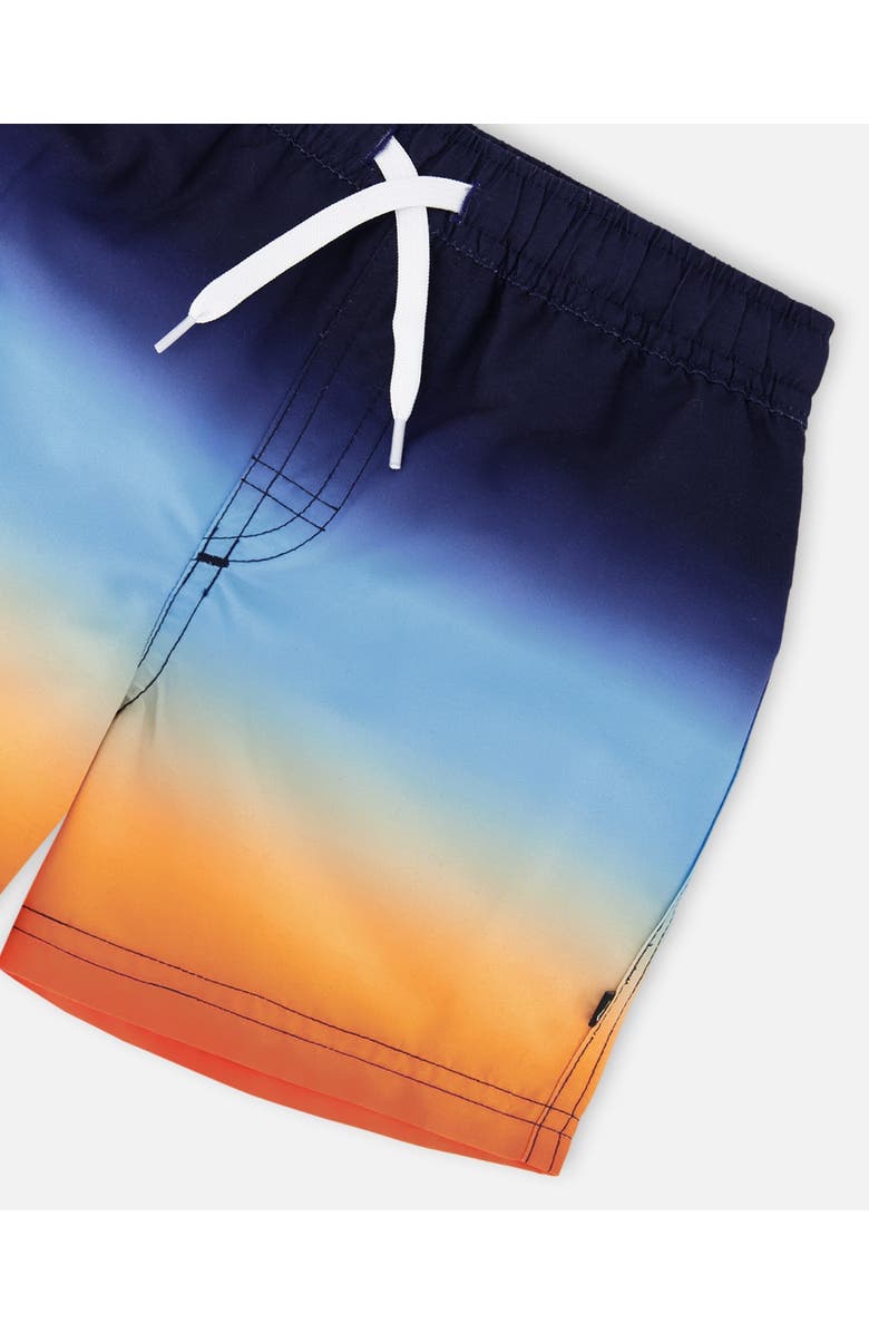 Deux par Deux Above the Knee Elastic Waist Gradient Swim Trunks, Alternate, color, Blue And Orange Gradient