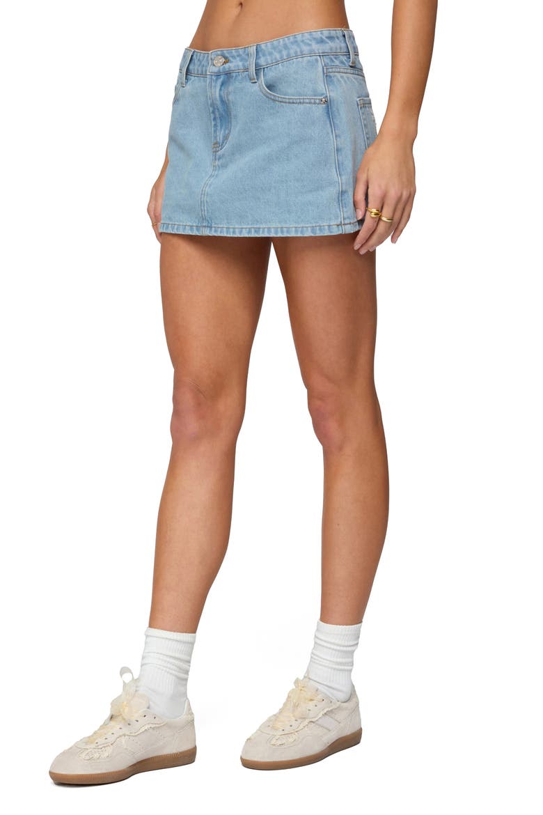 Eyelet Bow Pocket Low Denim Miniskirt, Alternate, color, LIGHT-BLUE