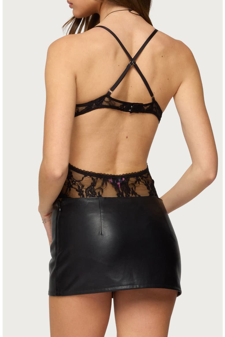 Liona Plunge Neck Lace Bodysuit, Alternate, color, BLACK