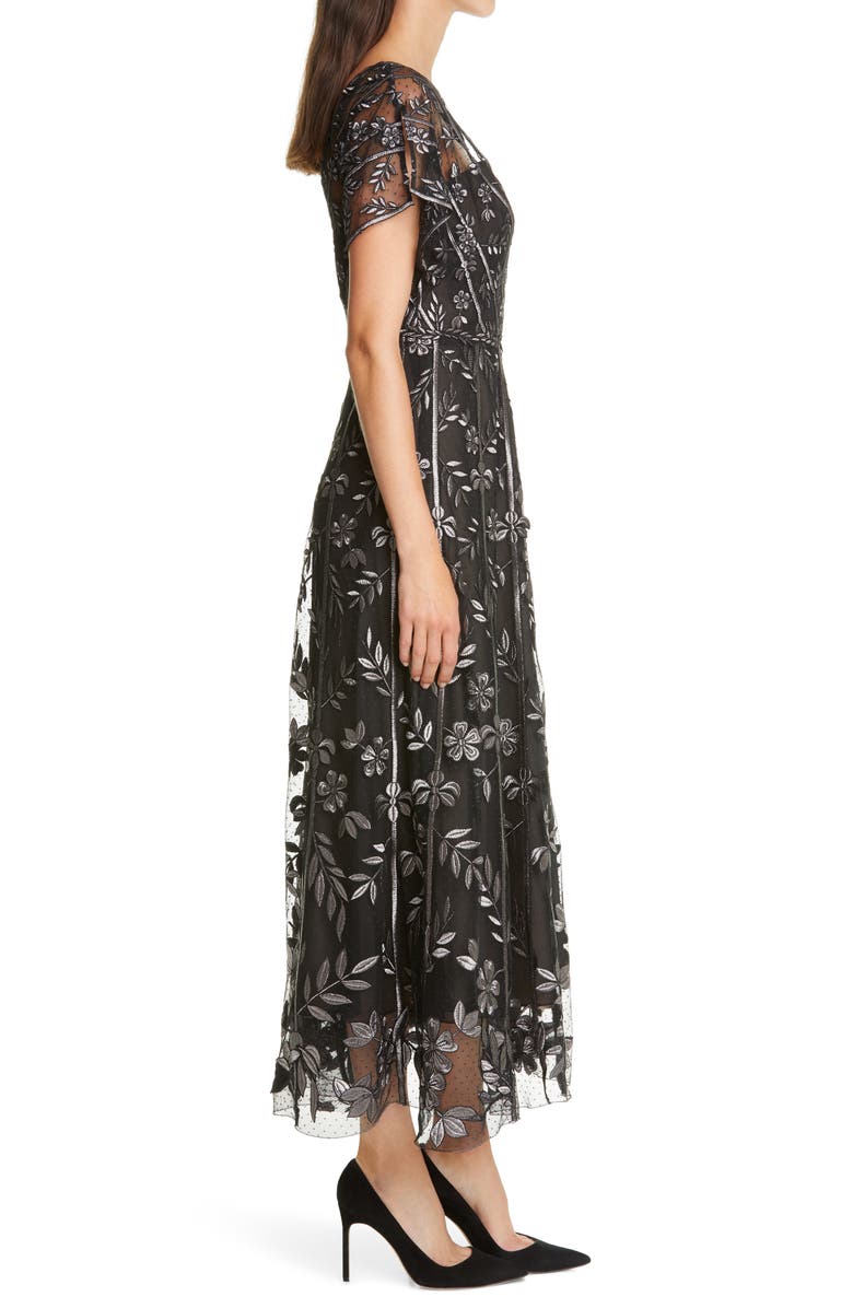 Lela Rose Flutter Sleeve Vine Embroidered Tulle Dress, Alternate, color, 