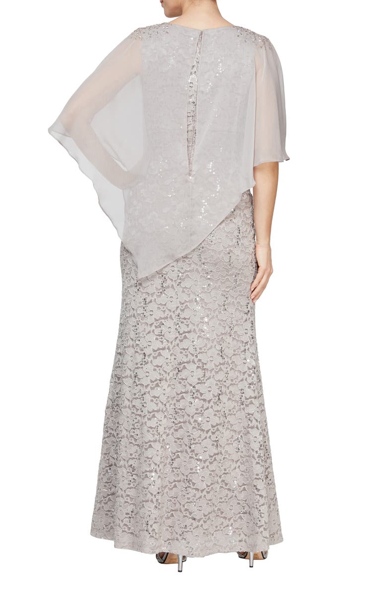 SL FASHIONS Beaded Lace & Chiffon Capelet Gown, Alternate, color,