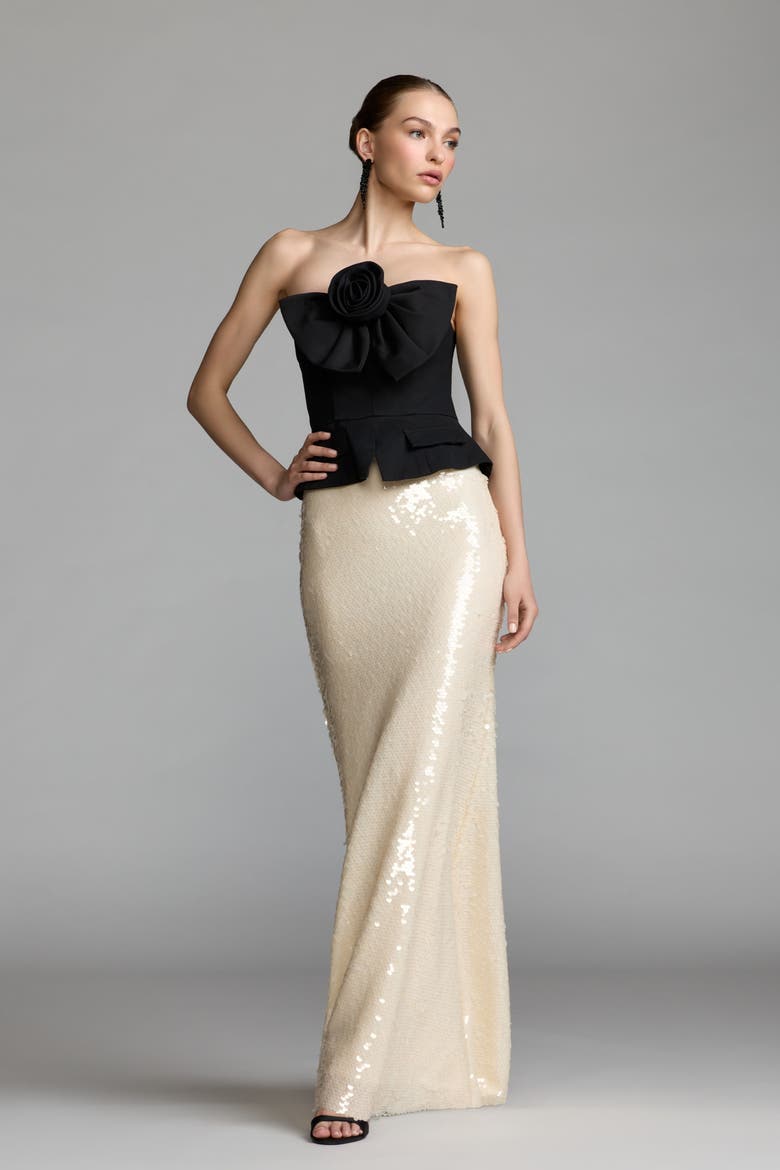 Strapless Rosette Crepe and Sequin Gown, Alternate, color, Black Ivory