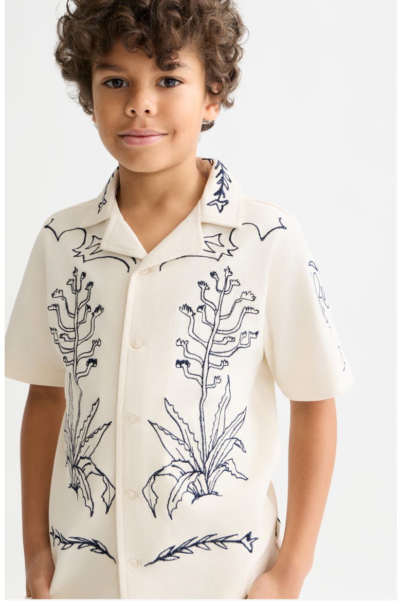 Kids' Embroidered Print Cotton Button-Up Camp Shirt, Alternate, color, EGGNOG