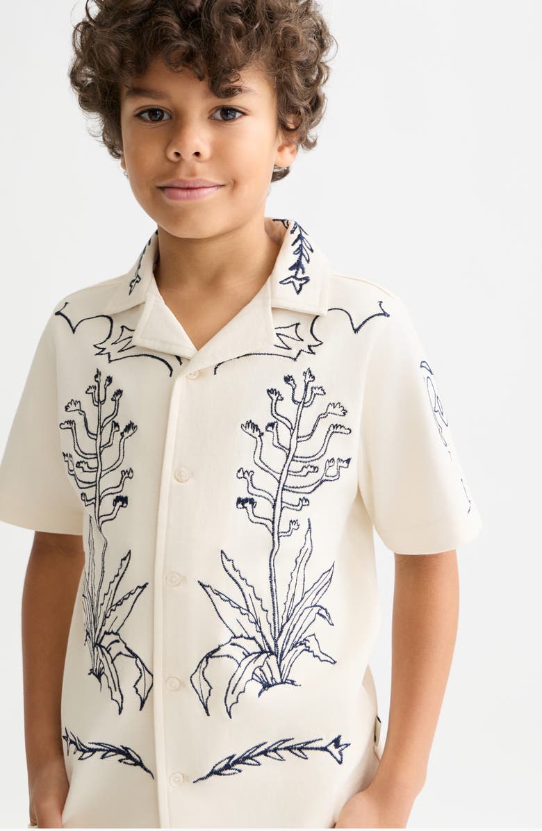 Scotch & Soda Kids' Embroidered Print Cotton Button-Up Camp Shirt, Alternate, color, Eggnog
