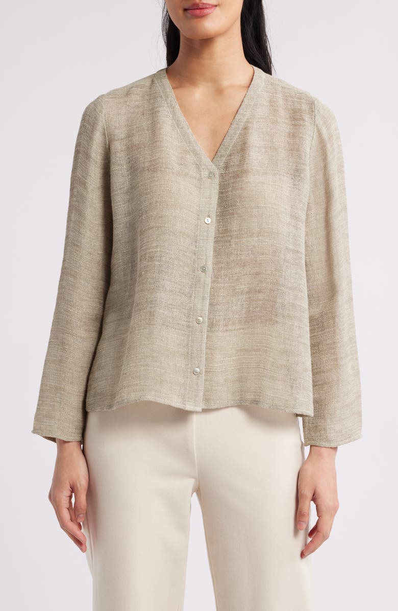 Eileen Fisher V-Neck Organic Linen Blend Button-Up Top, Main, color,