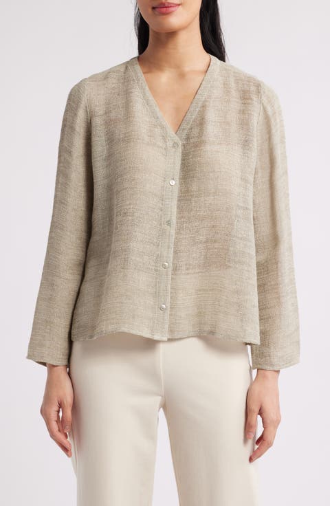 V-Neck Organic Linen Blend Button-Up Top