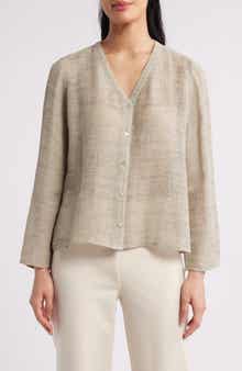 Eileen Fisher V-Neck Organic Linen Blend Button-Up Top