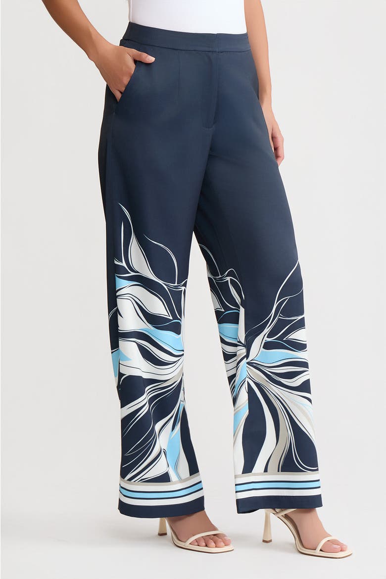 Crepe de Chine Wide-Leg Floral Abstract Pants, Main, color, Indigo/White/Serene