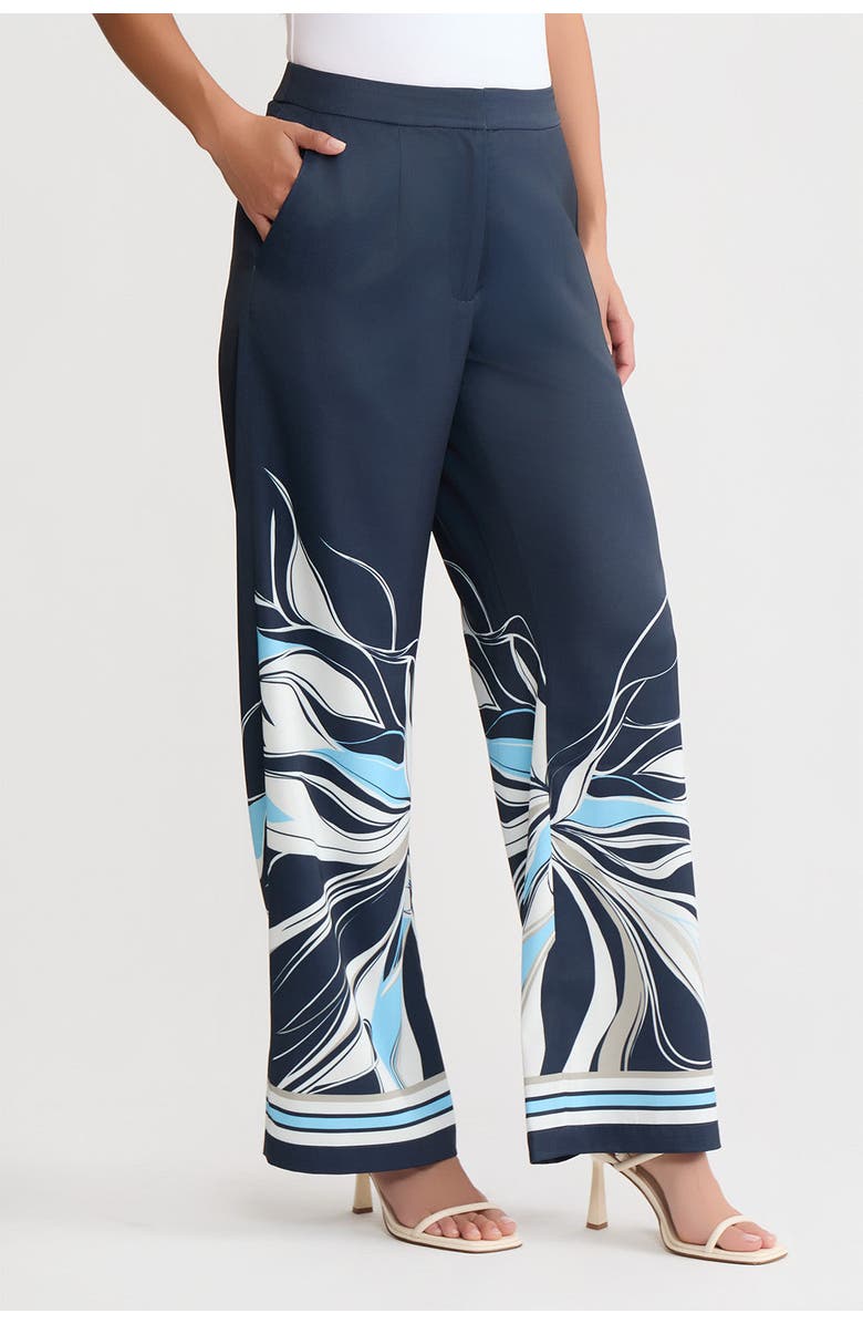 Ming Wang Crepe de Chine Wide-Leg Floral Abstract Pants, Alternate, color, Indigo/White/Serene