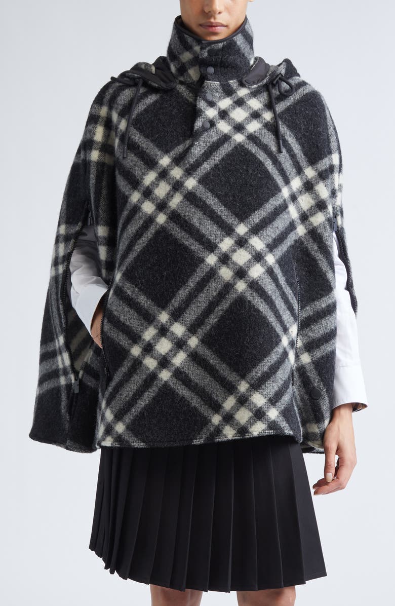 Burberry St. Neve Check Hooded Wool Cape, Main, color, Black