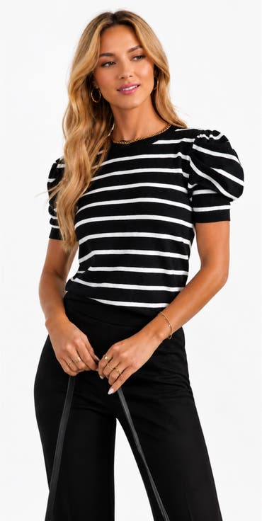 Striped Puff Sleeve Knit Top