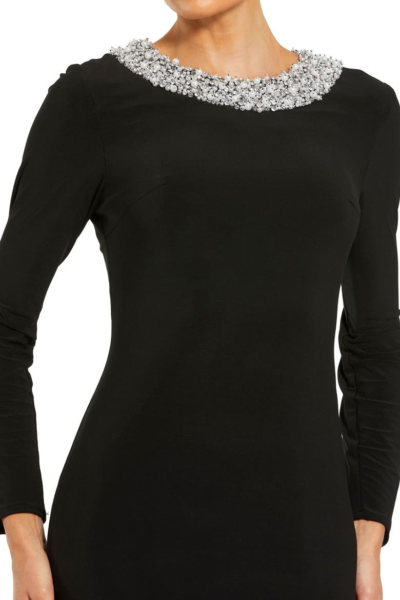 Jersey Long Sleeve Fitted Gown With Beaded Neck, Alternate, color, Black