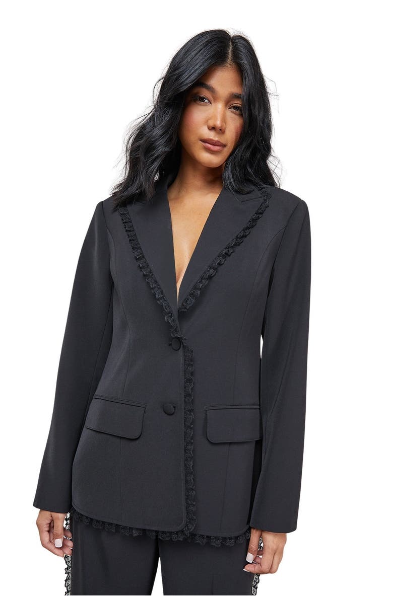 Warehouse Oversized Lace Frill Trim Blazer, Main, color, Black