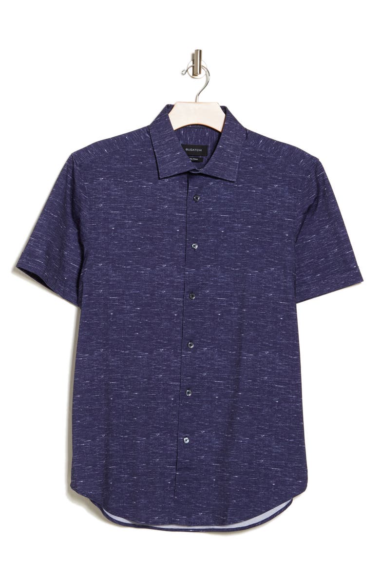 Bugatchi Miles OoohCotton<sup>®</sup> Heathered Short Sleeve Button-Up Shirt, Alternate, color, Midnight