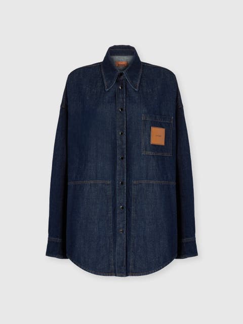 Cotton Denim Overshirt With Logo Patch