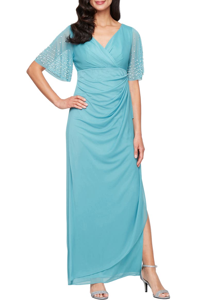 Alex Evenings Imitation Pearl & Rhinestone Embellished Empire Waist Gown, Main, color, Teal