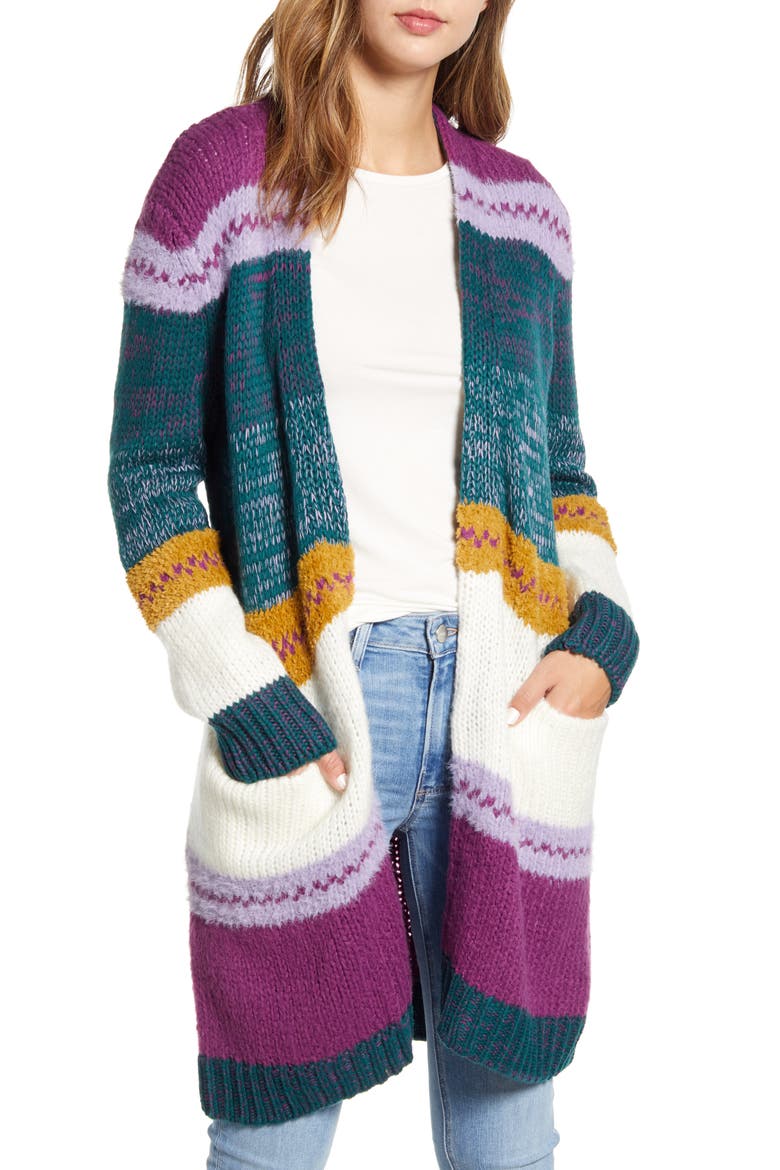 Stripe Long Cardigan, Main, color, PURPLE MULTI STRIPE