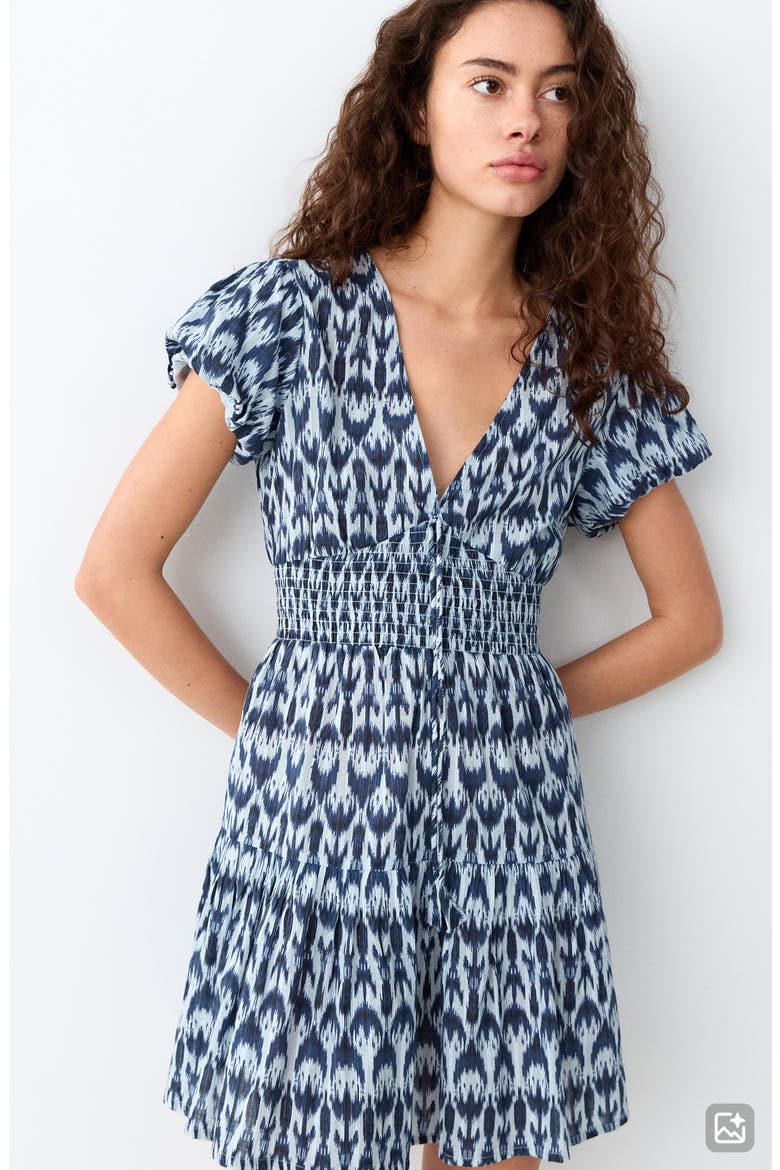 Print Smocked Minidress, Alternate, color, NAVY