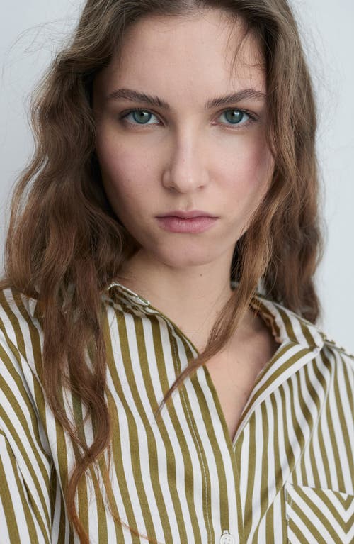 Mango Stripe Cotton Blend Button-up Shirt In Green