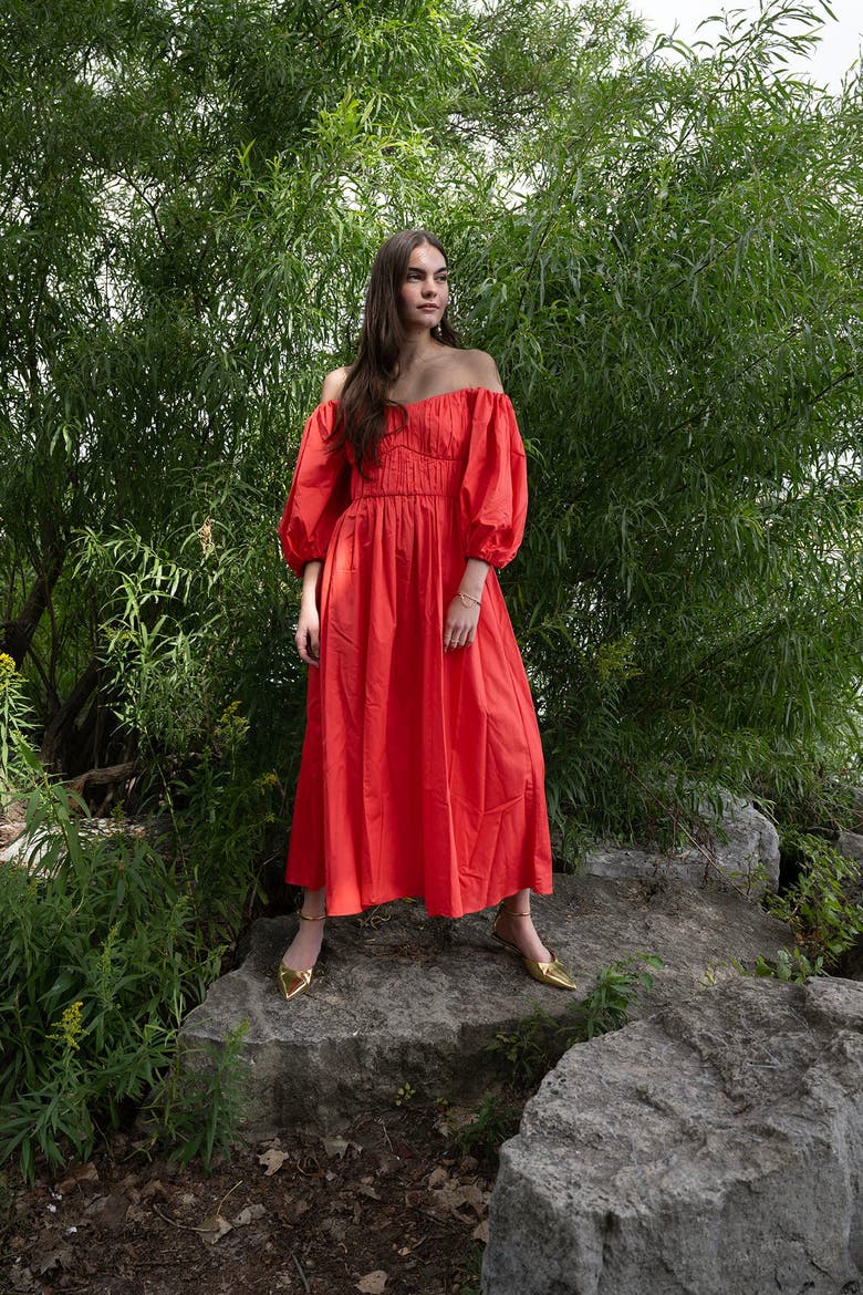 Farah Off-shoulder Midi Dress, Alternate, color, Red