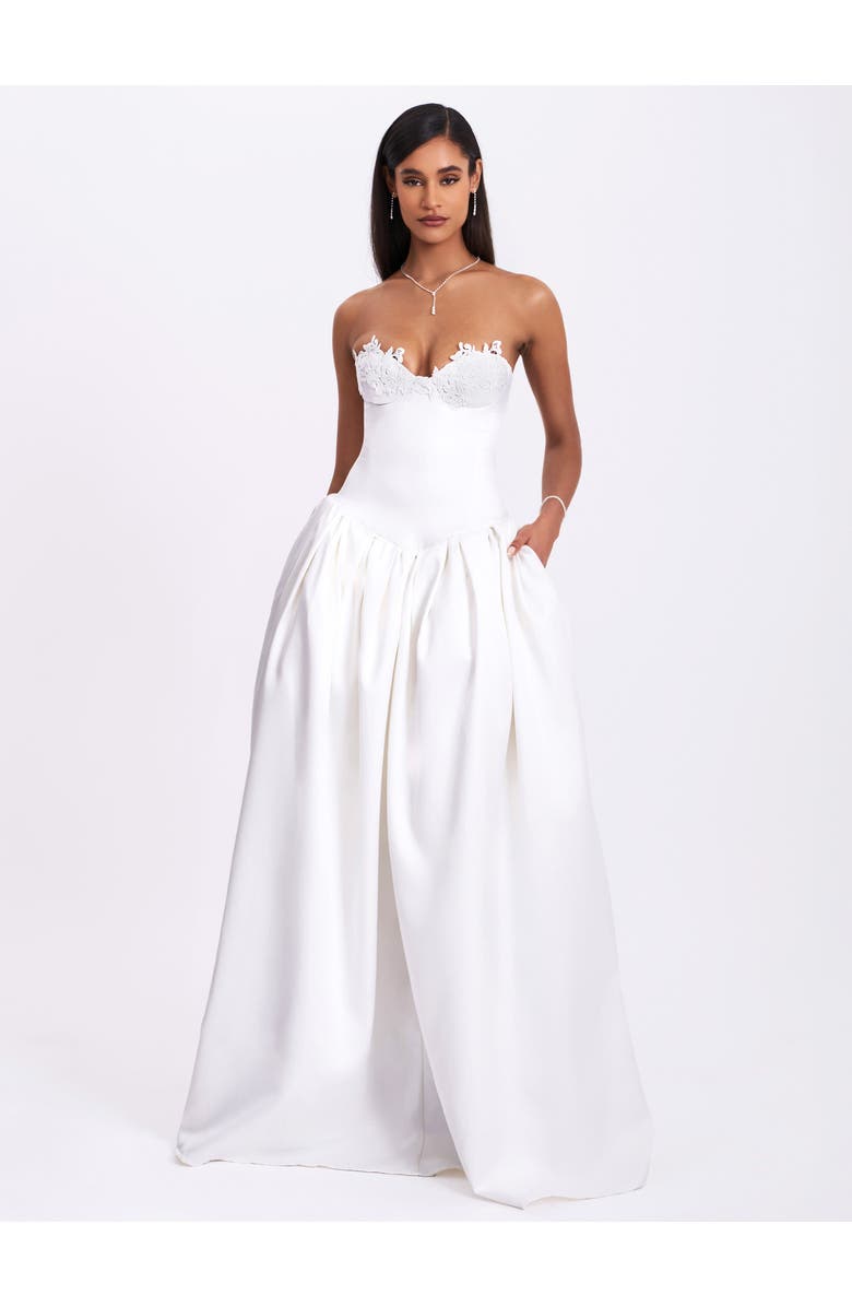Miss Circle Naila Lace Trim Strapless Drop Waist Wedding Gown, Alternate, color, White