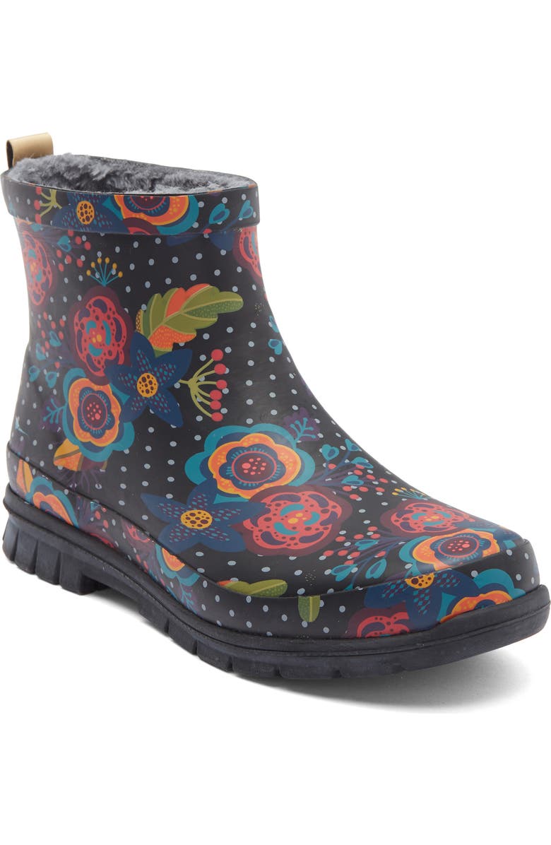 Western Chief Boho Bloom Faux Fur Lined Short Rain Boot, Main, color,