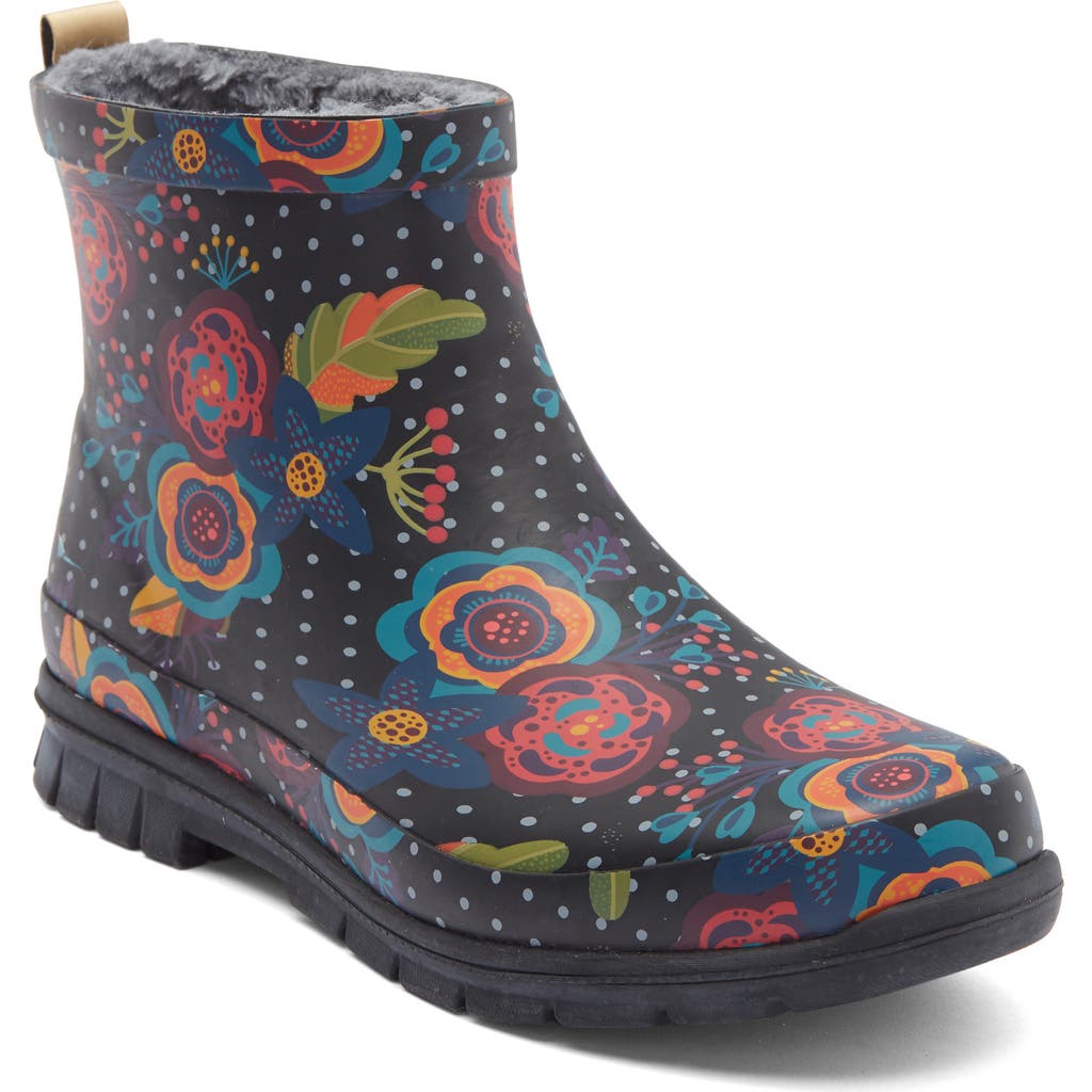 Western Chief Boho Bloom Faux Fur Lined Short Rain Boot In Black