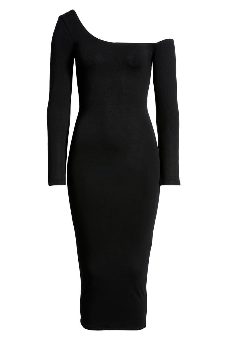 Long Sleeve One-Shoulder Midi Dress, Alternate, color, BLACK