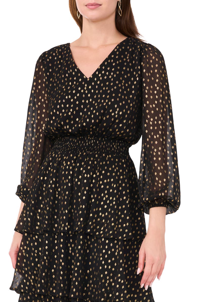 Halogen<sup>®</sup> Metallic Plissé Tiered Long Sleeve Dress, Alternate, color, 