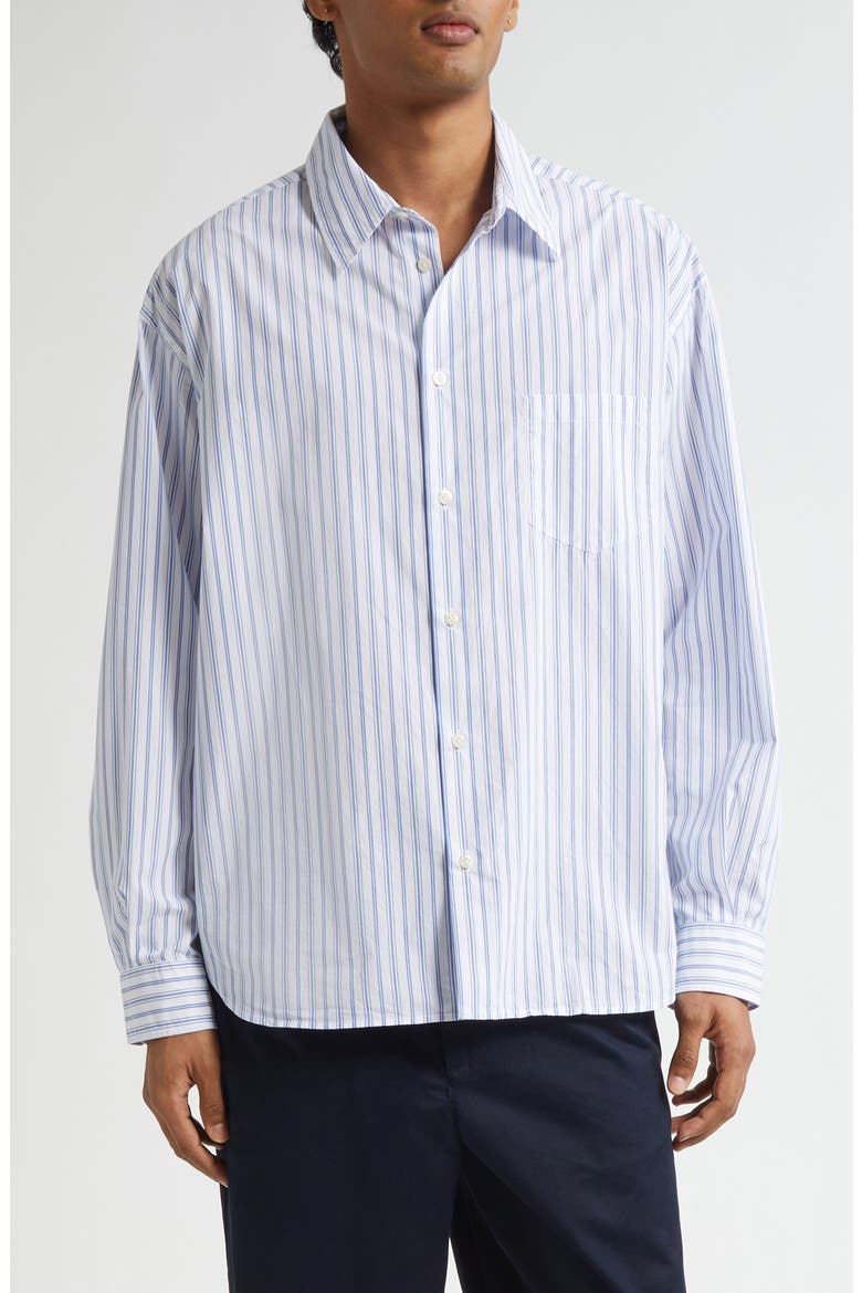 Oversize Cotton Poplin Button-Up Shirt, Main, color, WHITE/ BLUE