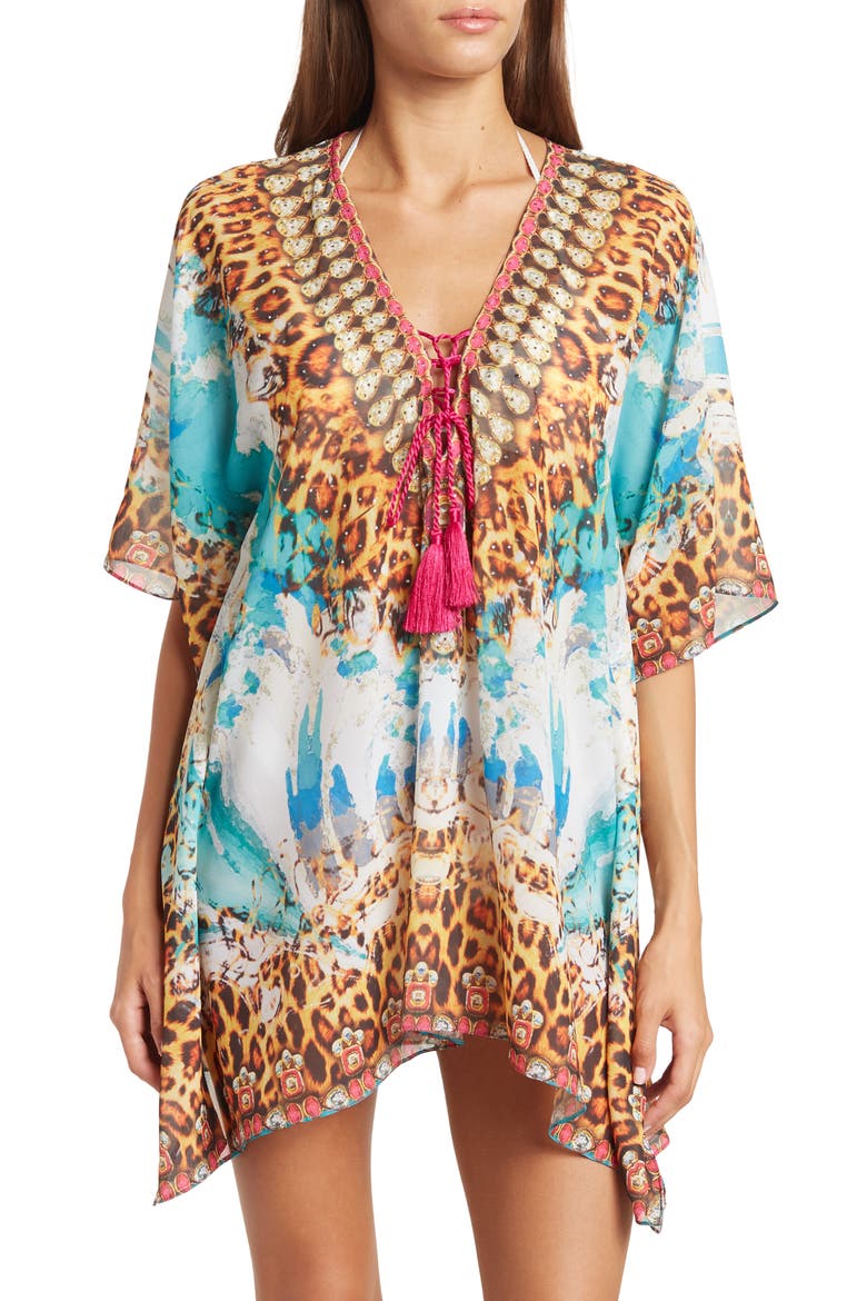 Lace-Up Printed Ruana, Main, color, TURQUOISE