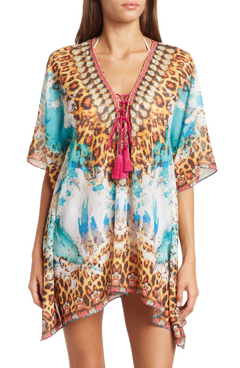 RANEES Lace-Up Printed Ruana, Main, color, Turquoise