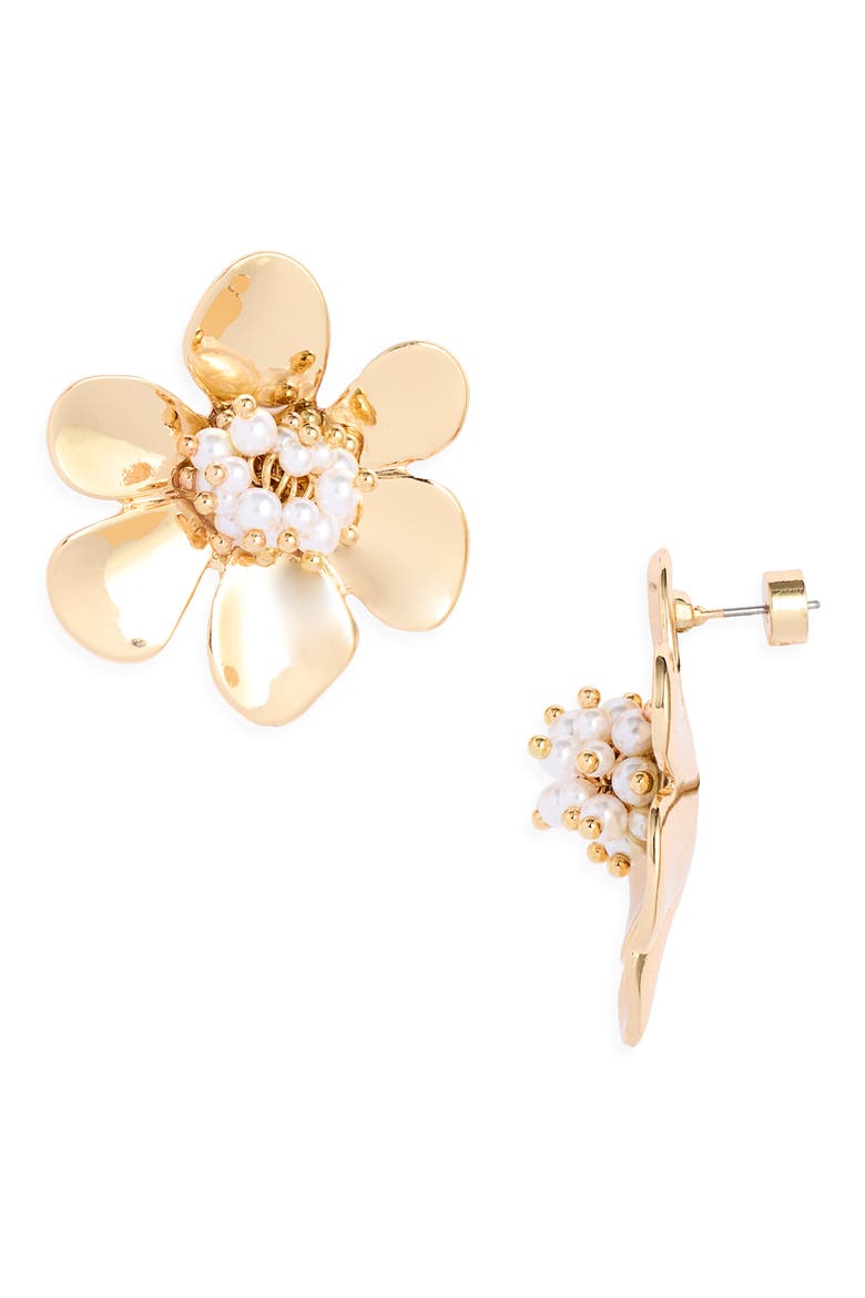 Faux Pearl Flower Stud Earrings, Main, color, WHITE- GOLD