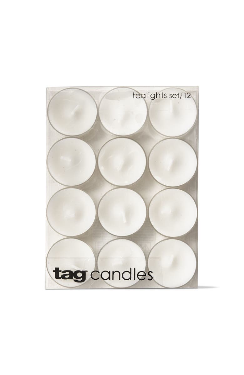 tag Set of 12 Tealight Candles White Wax Everyday Use, Main, color, White