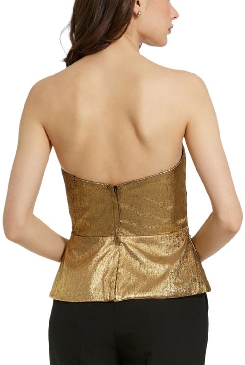 Mac Duggal Metallic Lame Strapless Wrap Top With Bow Detail In Gold