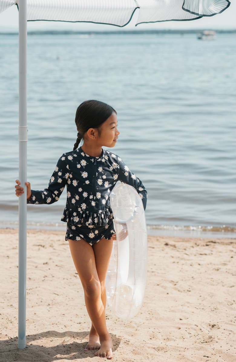 Petit Lem Kids' Daisies Long Sleeve Two-Piece Rashguard Swimsuit, Alternate, color, Navy