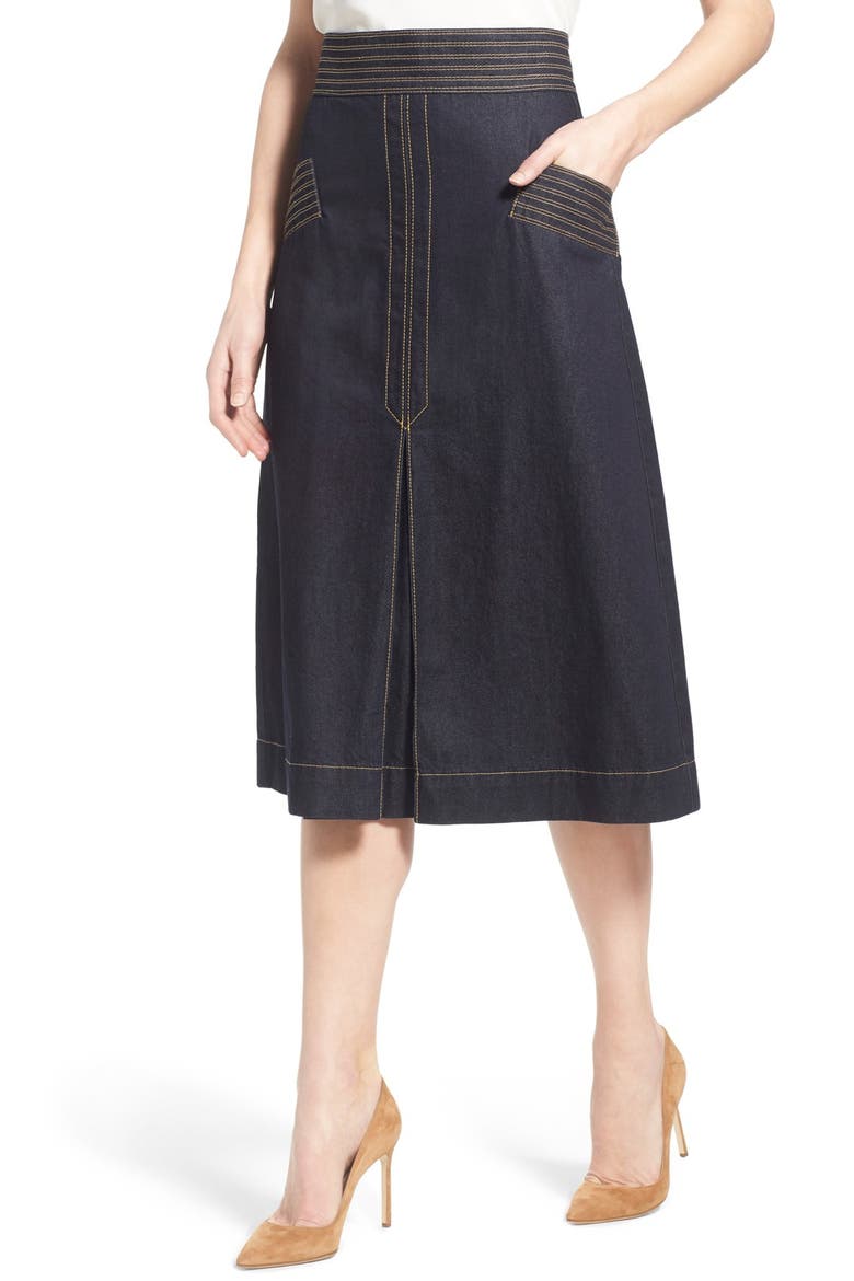 Olivia Palermo + Chelsea28 Retro Denim Skirt, Alternate, color, DARK INDIGO RINSE