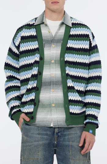 Scotch & Soda Men's Loose-fit Crocheted Stripe Cardigan In Sage Green Multi Stripe