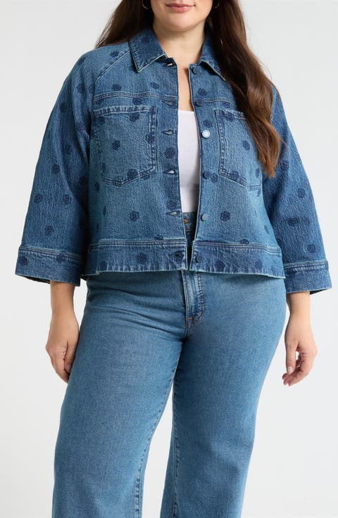 Floral Embroidery Crop Denim Jacket (Plus)