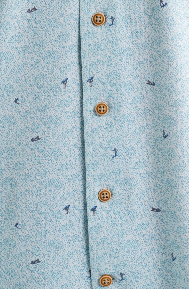 johnnie-O Rowing Hangin’ Out Surfer Print Knit Short Sleeve Button-Up Shirt, Alternate, color, White/Blue Multi