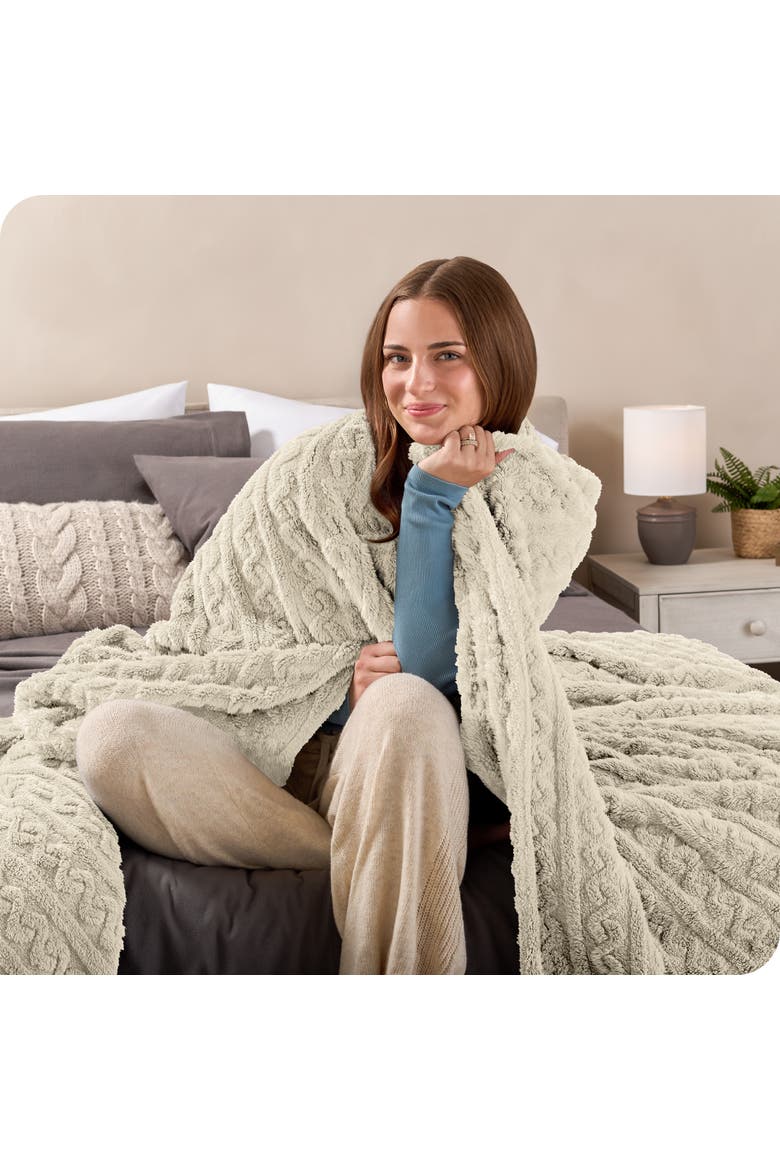 Cable Faux Shearling Blanket, Alternate, color, Oyster