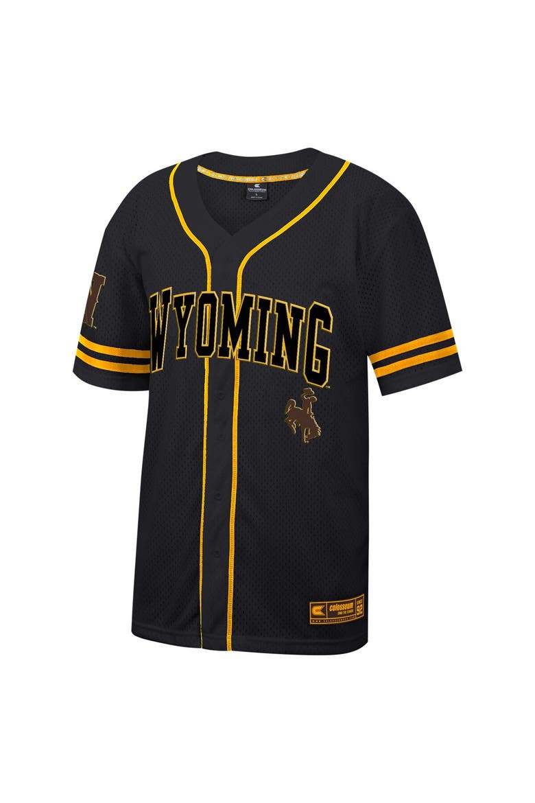 Men's Colosseum Black Wyoming Cowboys Free Spirited Mesh Button-Up Baseball Jersey, Alternate, color, Black